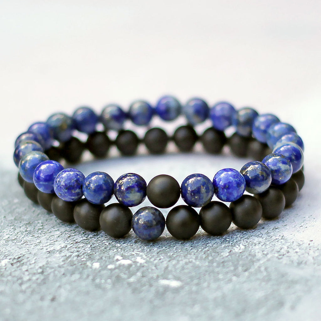 Bracelets de distance / couples - Agate noire et Lapis Lazuli 6 mm
