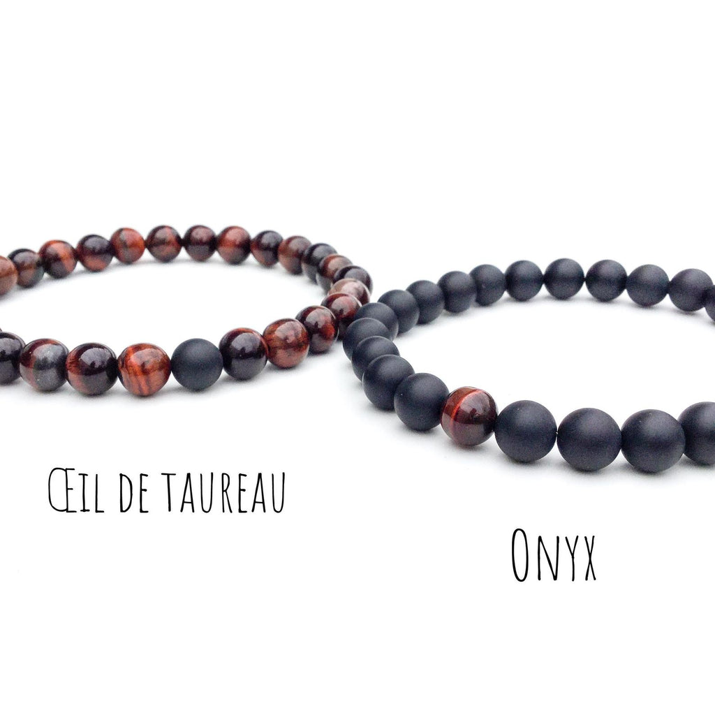 Bracelets de distance / couples - Agate noire et Oeil de Taureau 8 mm