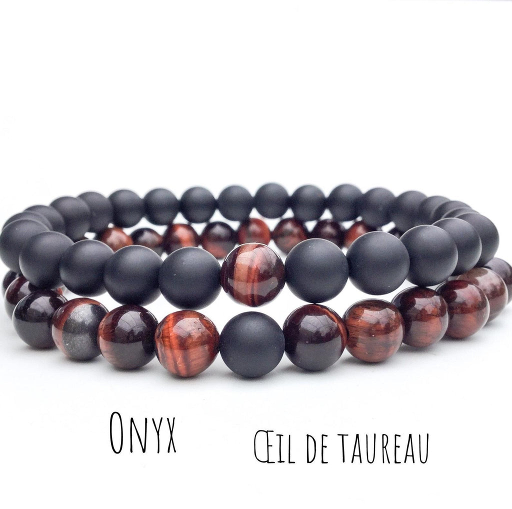 Bracelets de distance / couples - Agate noire et Oeil de Taureau 8 mm