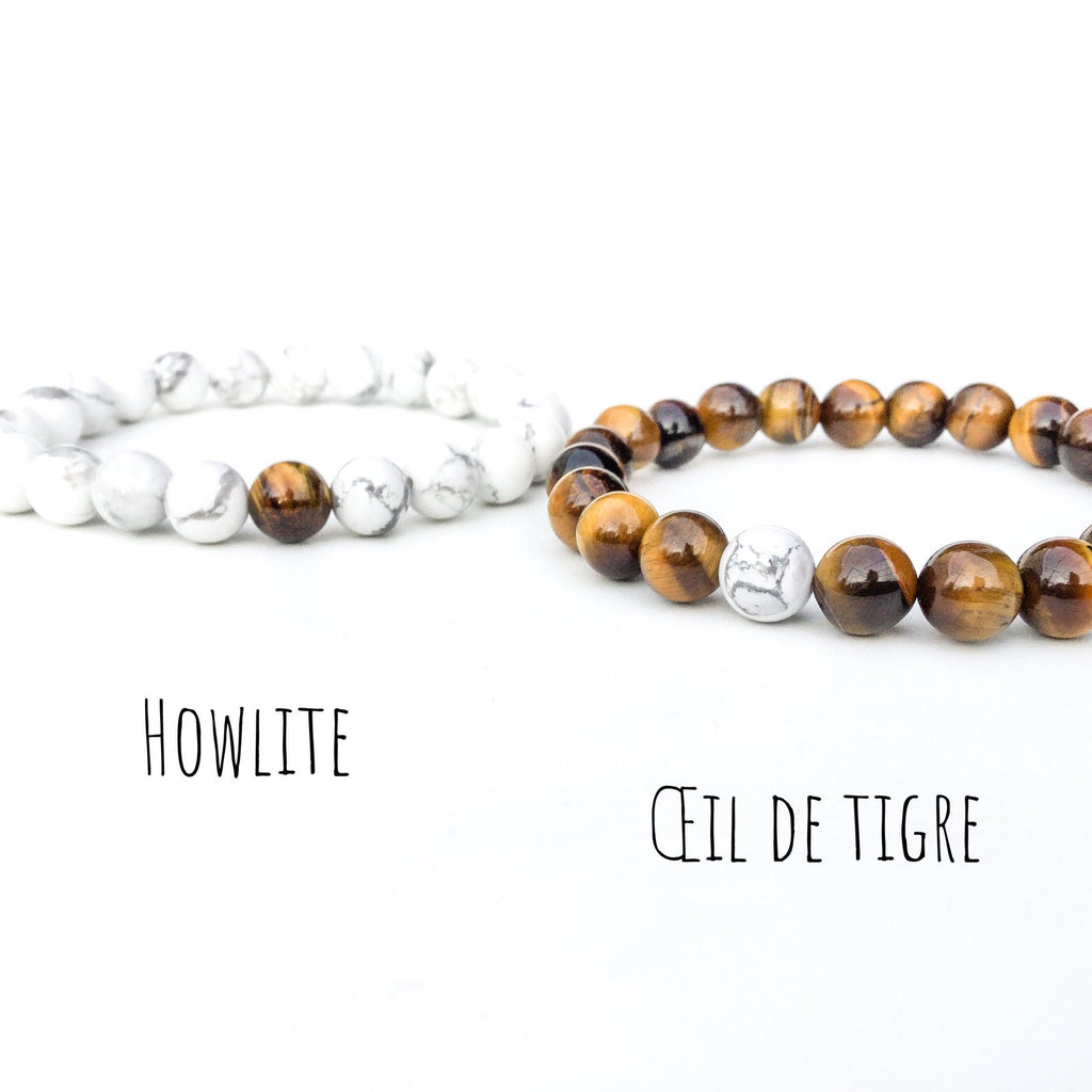 Bracelets de distance / couples - Oeil de Tigre et Howlite 6 mm