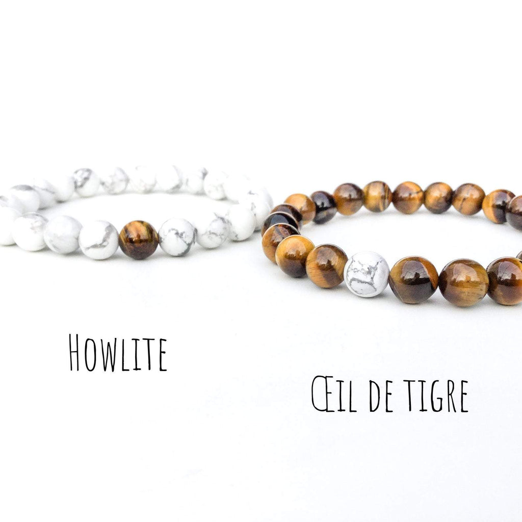 Bracelets de distance / couples - Oeil de Tigre et Howlite 8 mm