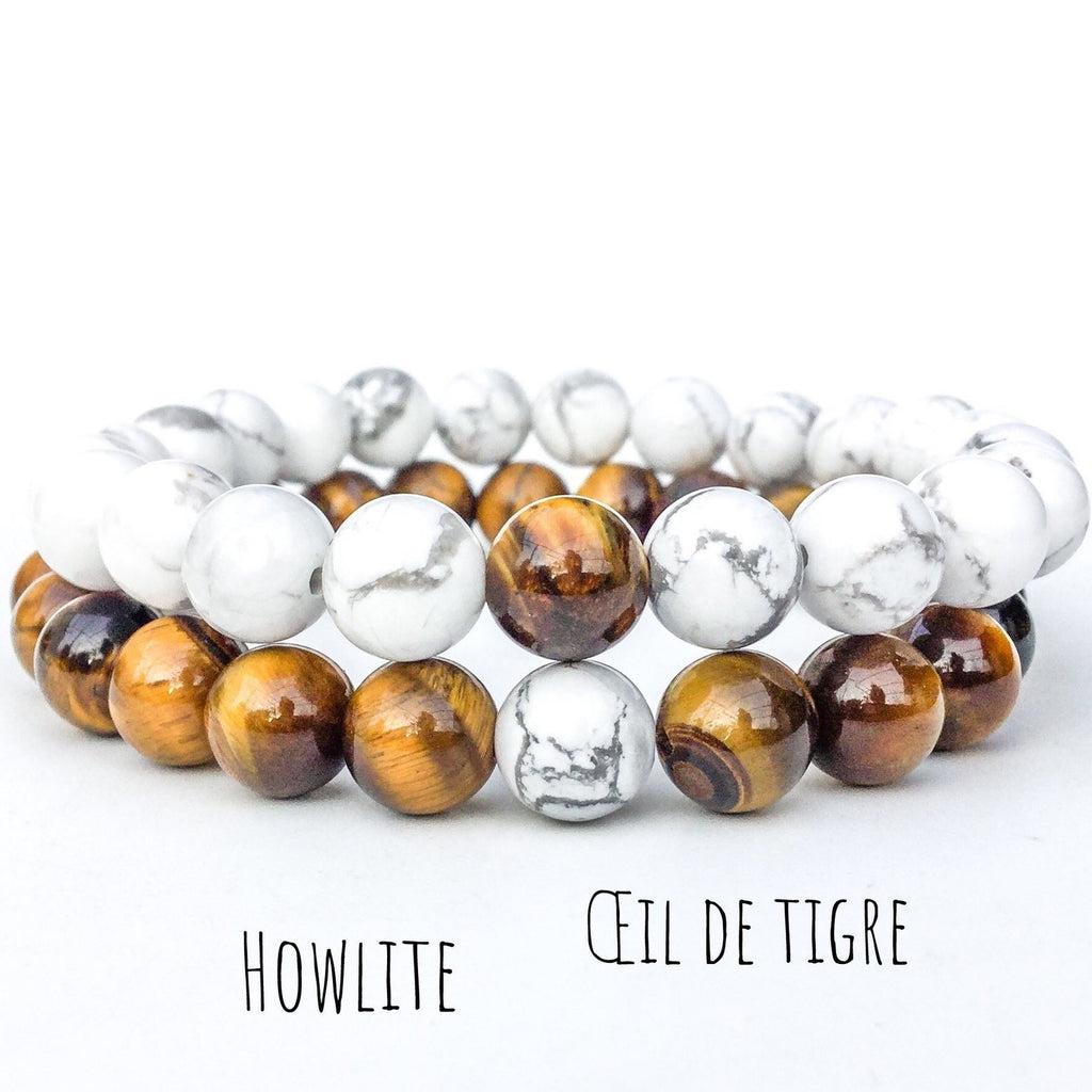 Bracelets de distance / couples - Oeil de Tigre et Howlite 6 mm