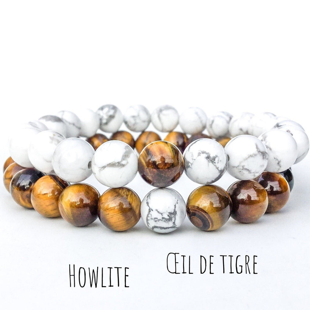 Bracelets de distance / couples - Oeil de Tigre et Howlite 8 mm
