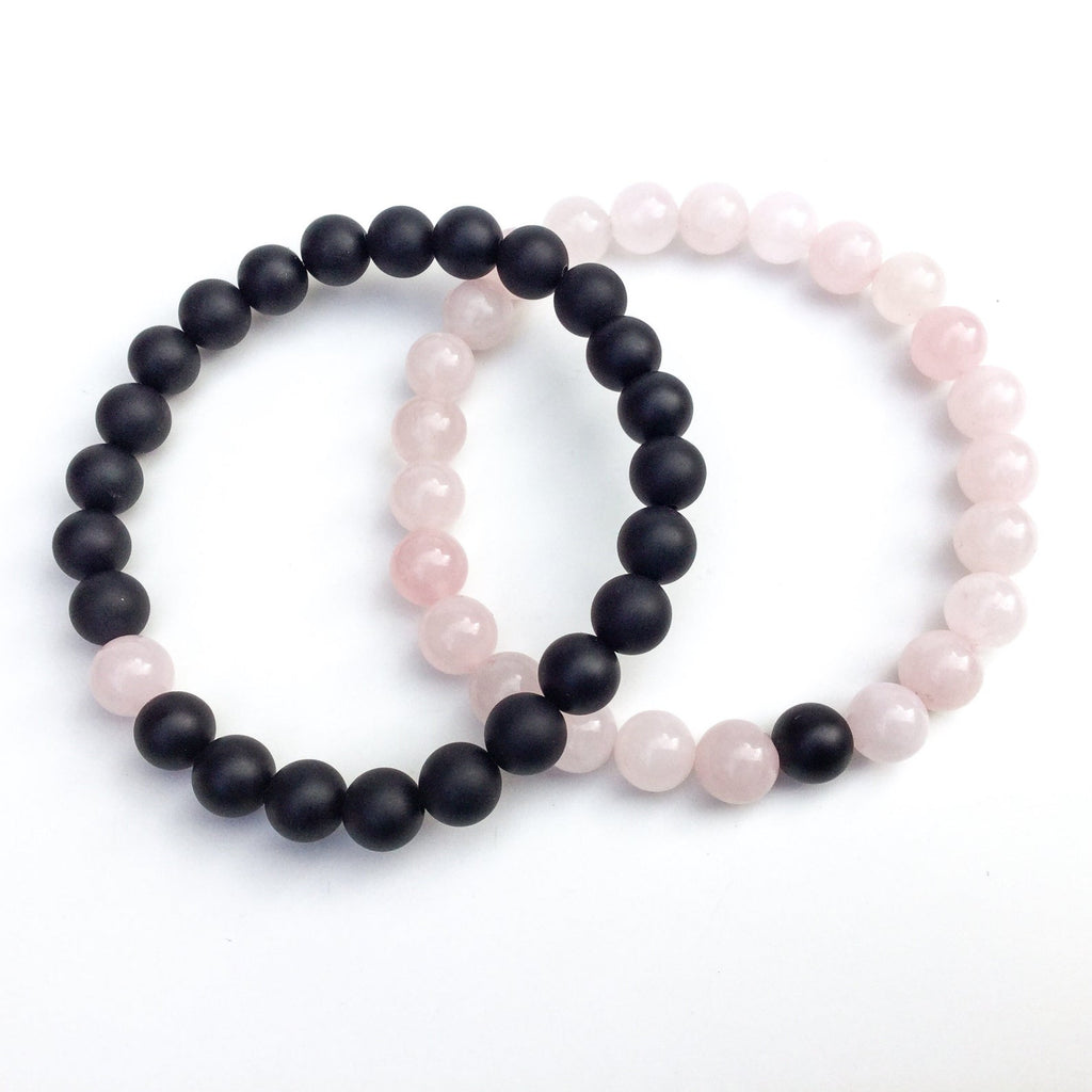Lot de 2 bracelets de distance / couples - Agate noire et Quartz rose 6 mm