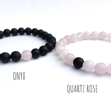 Lot de 2 bracelets de distance / couples - Agate noire et Quartz rose 6 mm