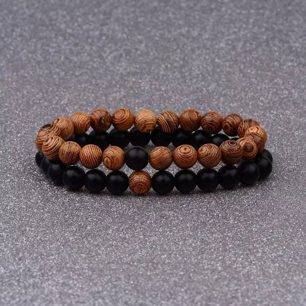 Bracelets de distance / couples - Onyx Agate noire et en Bois Wengé 6 mm
