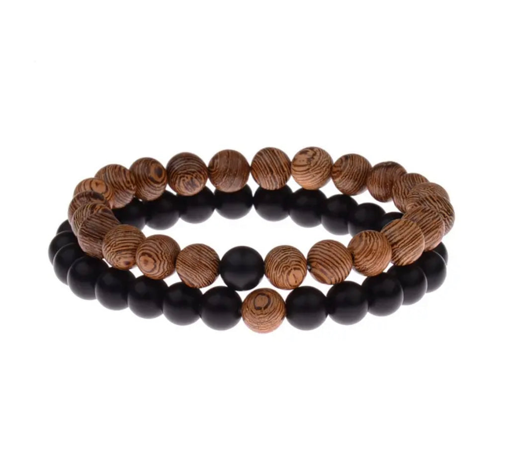 Bracelets de distance / couples - Onyx Agate noire et en Bois Wengé 6 mm