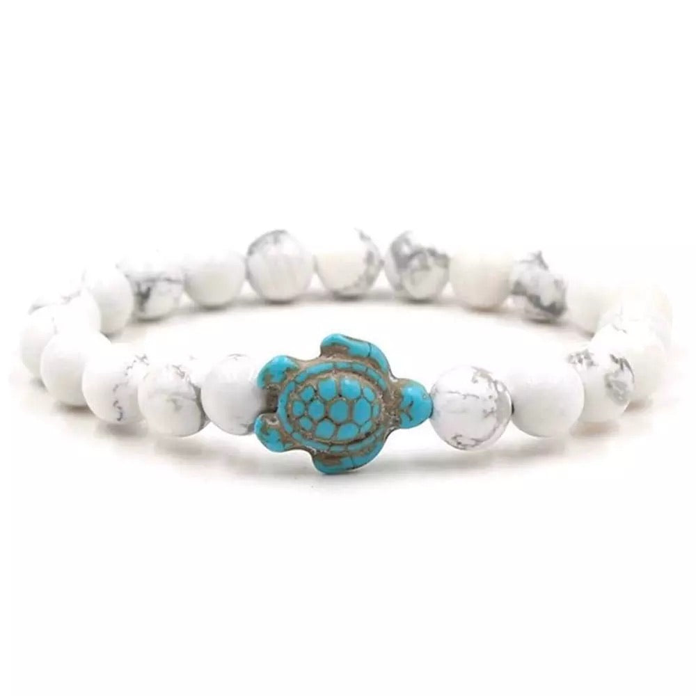 Bracelet en pierre véritable Howlite Blanche 8 mm + tortue Amérindienne en Turquoise