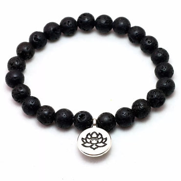 Bracelet Mala Tibétain en Pierre de Lave 8 mm et Breloque Lotus