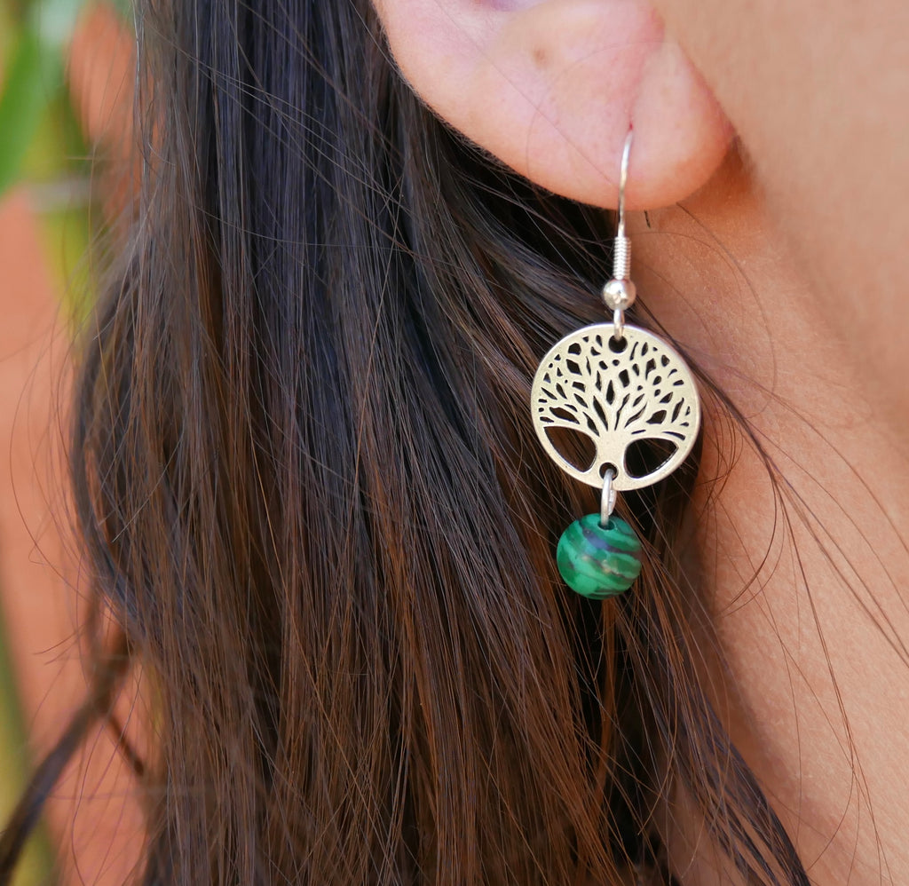 Boucles d'oreilles arbre de vie en pierres naturelles - Crochets en argent 925