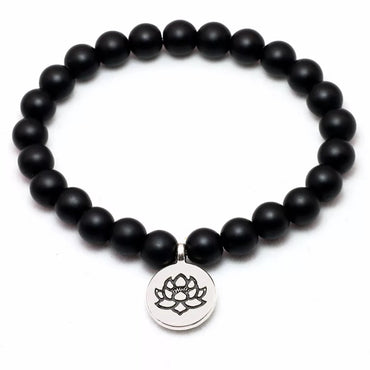 Bracelet en Agate Noire 8 mm et breloque Lotus- Bien-être et harmonie