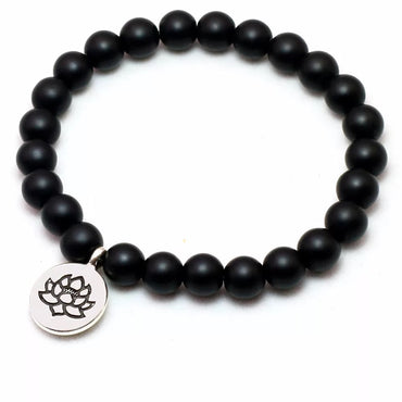 Bracelet en Agate Noire 8 mm et breloque Lotus- Bien-être et harmonie
