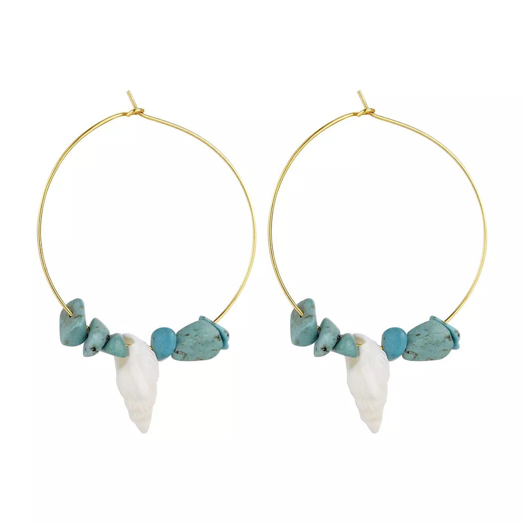 Boucles d'oreilles forme créole en coquillages et Howlite Turquoise