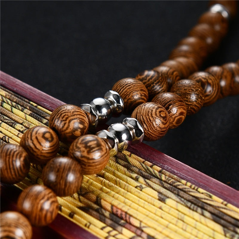 Bracelet Mala Tibétain de méditation 108 perles en bois Wengé et breloque Fleur de vie