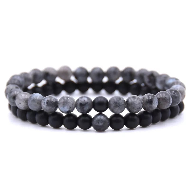 Bracelets de distance / couples - Agate noire et Labradorite 6 mm