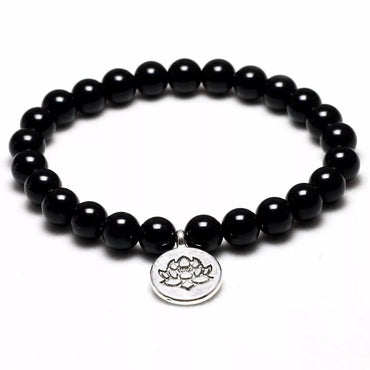 Bracelet Mala Tibétain en Onyx naturel 8 mm et breloque Lotus