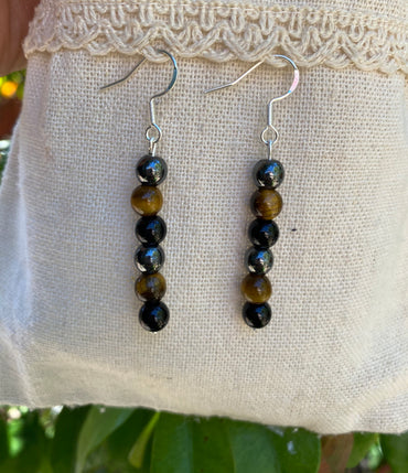Boucles d'oreilles pendantes en Triple protection Oeil de tigre, Hématite et Onyx