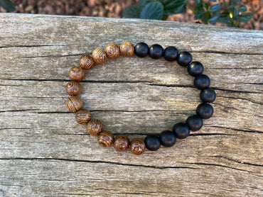 Bracelet élastique en bois wengé et onyx mat