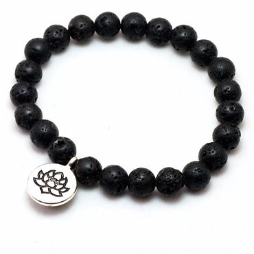 Bracelet Mala Tibétain en Pierre de Lave 8 mm et Breloque Lotus
