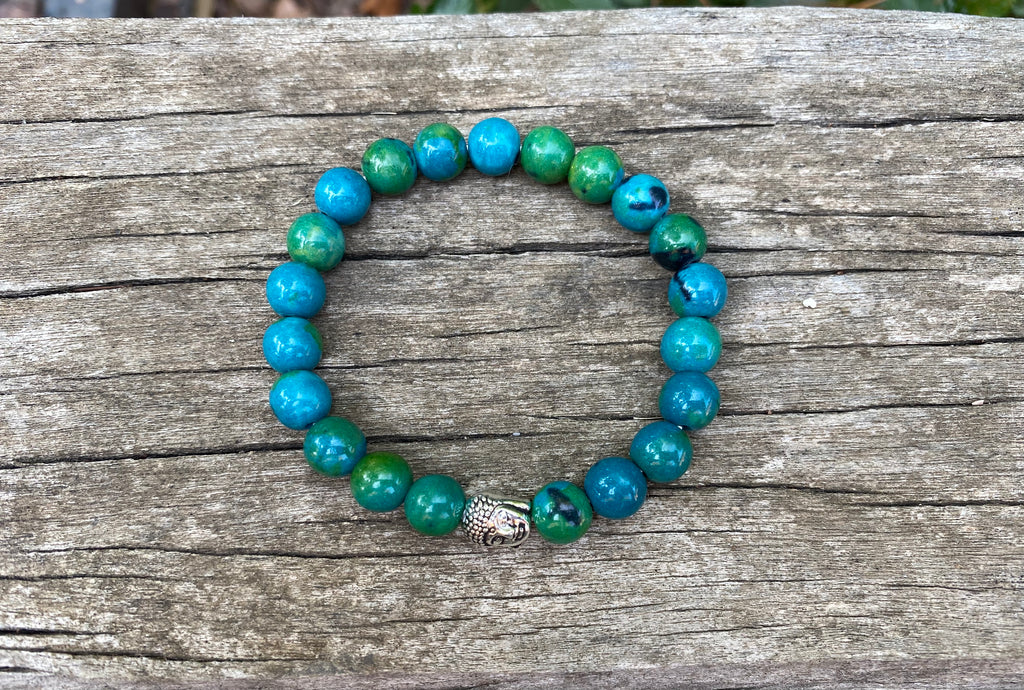 Bracelet Lithothérapie en Chrysocolle du Pérou et breloque Bouddha argentée - Pierre tranquille - Boules 8 mm