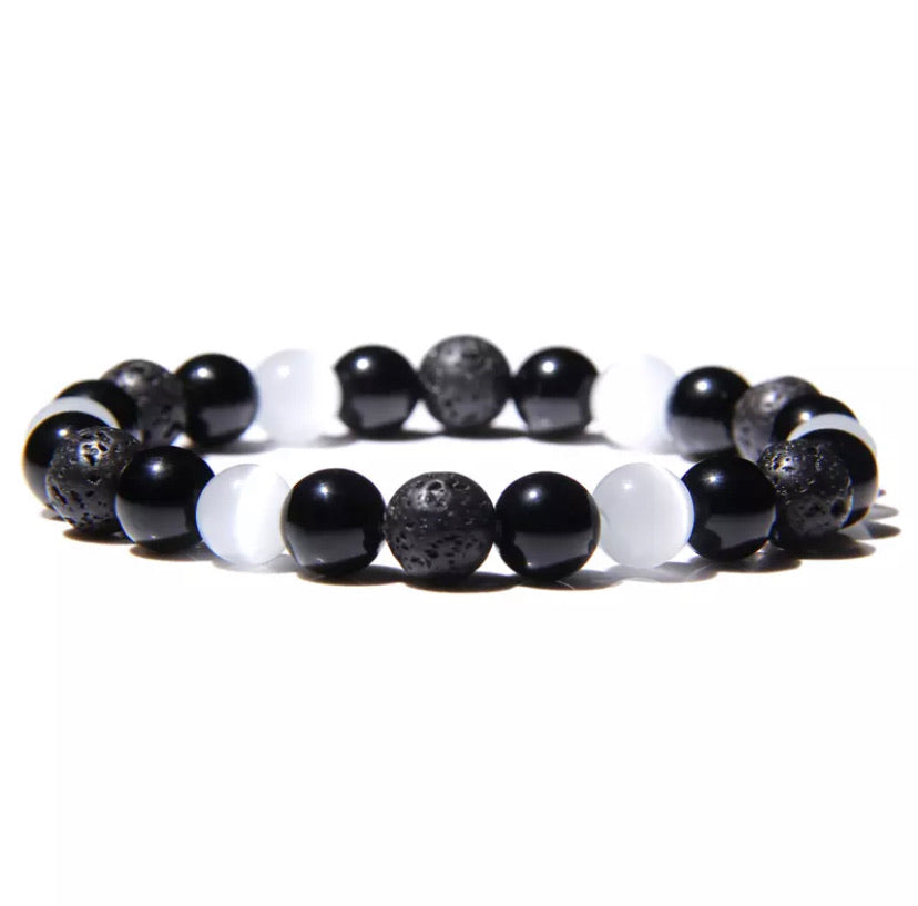 Bracelet "Triple Protection" Pierre de Lune, Onyx et pierre de Lave 8 mm