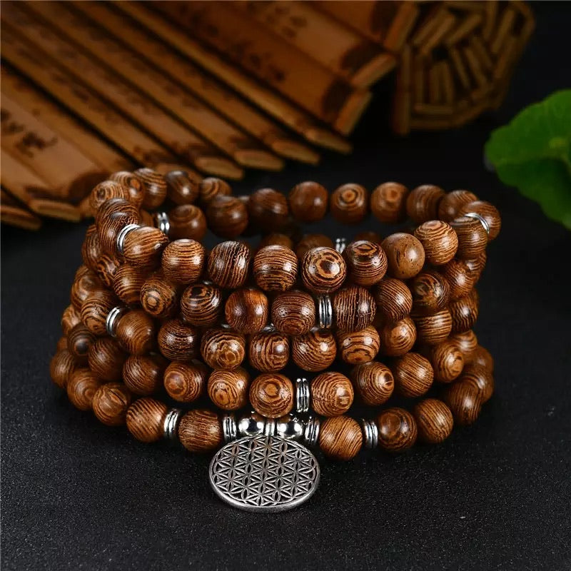 Bracelet Mala Tibétain de méditation 108 perles en bois Wengé et breloque Fleur de vie