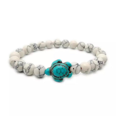 Bracelet en pierre véritable Howlite Blanche 8 mm + tortue Amérindienne en Turquoise