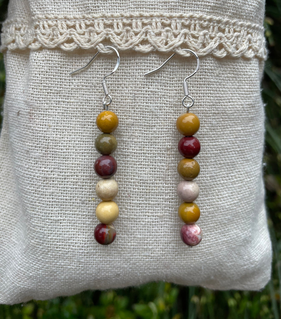 Boucles d'oreilles pendantes en Jaspe Mokaïte ou Mookaite - Crochets en argent 925