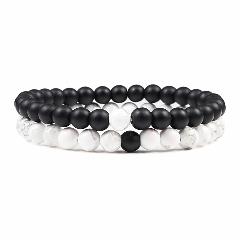 Bracelets de distance / couples - Agate noire et Howlite blanche 6 mm