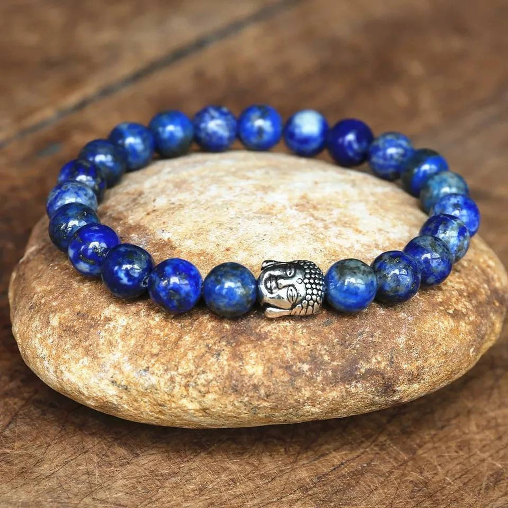 Bracelet Bouddha argenté ou doré en Lapis Lazuli 8 mm d'Afghanistan