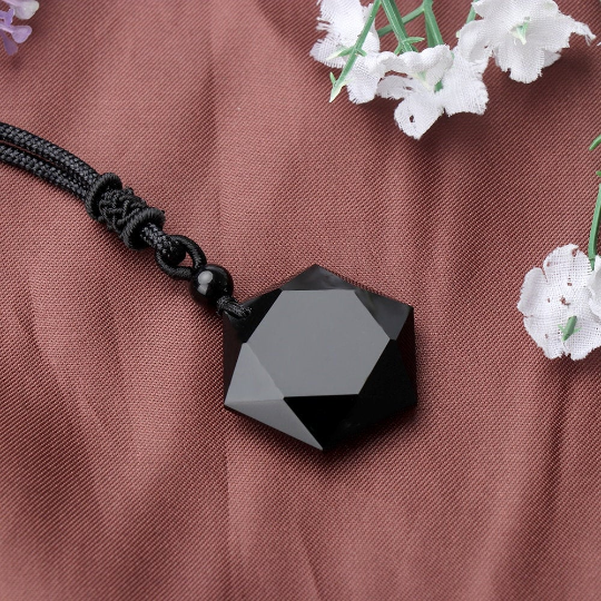 Collier pendentif hexagonal étoile en obsidienne talisman protection